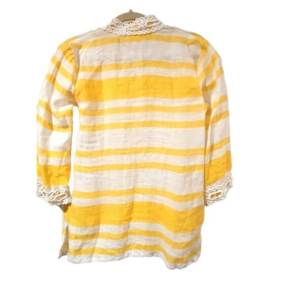 Charter Club Luxury Women Blouse Size Med Yellow White Stripes 100% Linen V Neck - Picture 3 of 10